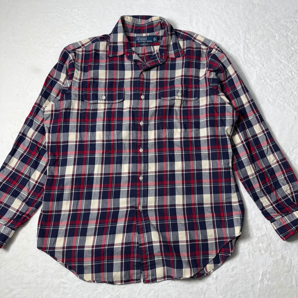 Polo Ralph Lauren Classic Fit Plaid Button Down Shirt Mens Large Navy Red Cream